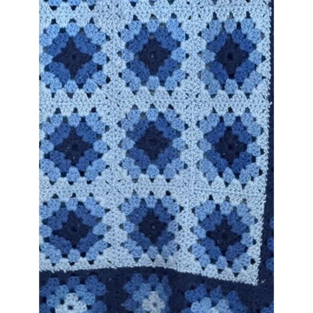 Vintage hand knitted granny square blue afghan